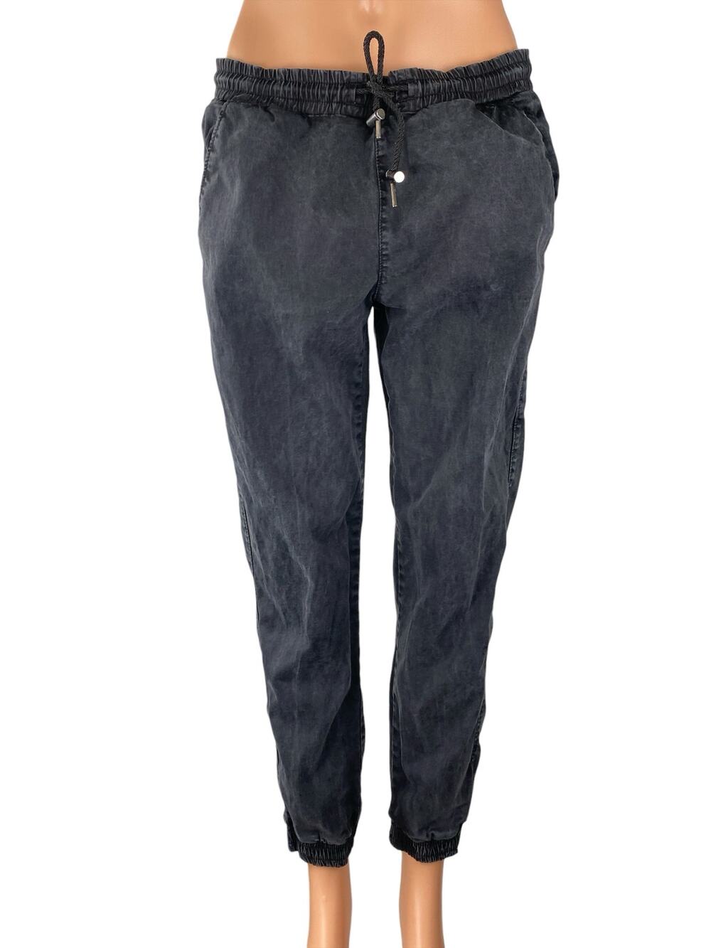 Zara Women's Black Washed Mid Rise Tapered Jogger Utility Denim Jeans Size M